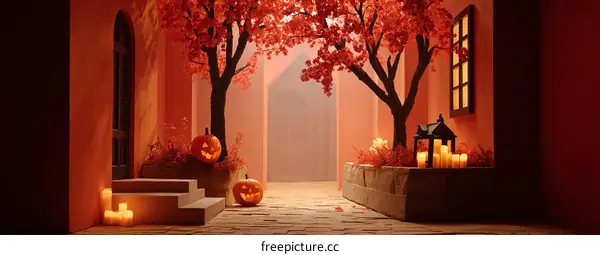 Halloween Alleyway with Jack-o-Lanterns and Candles