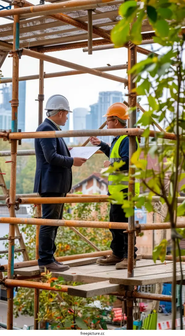 Two construction workers wearing hard hats and safety vests are standing on a scaffolding and discussing a building plan.