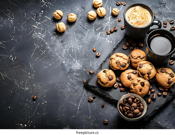Coffee, Cookies, and Walnuts on a Black Background