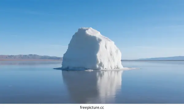 A lone iceberg floating on calm blue water under clear sky