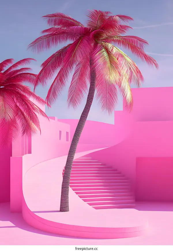 Pink Palm Trees and Stairs Minimalist 3D Render