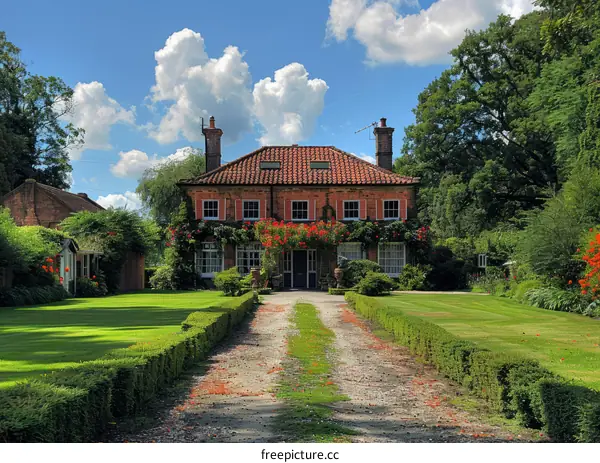 Picturesque Country Manor with Charming Garden and Red Brick Facade
