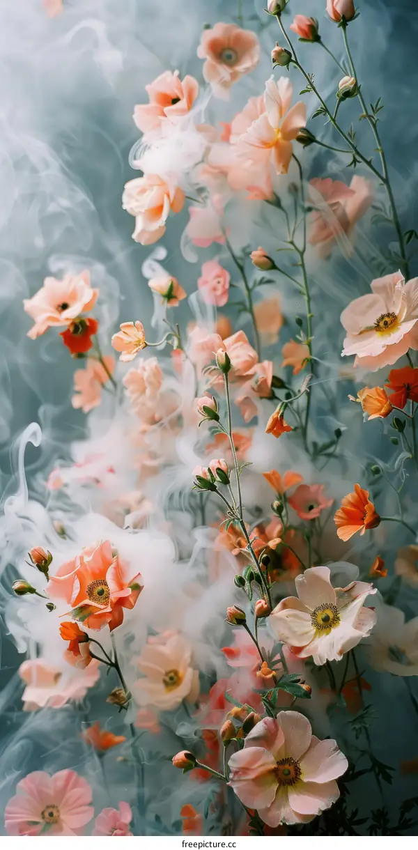 ethereal peach colored flowers in a smoky atmosphere