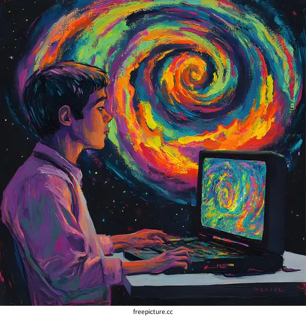 Man Gazing at Computer Screen with Swirling Galaxy