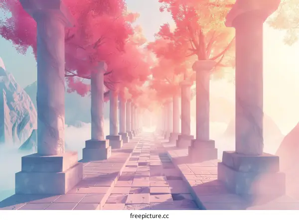 Pathway Through Pink Trees and Ancient Columns