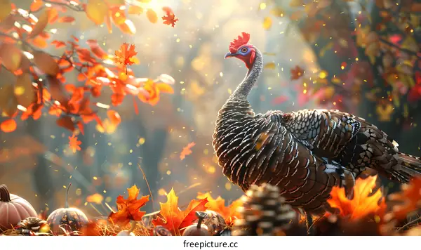 A majestic turkey stands in a field of pumpkins and gourds, surrounded by colorful fall leaves.