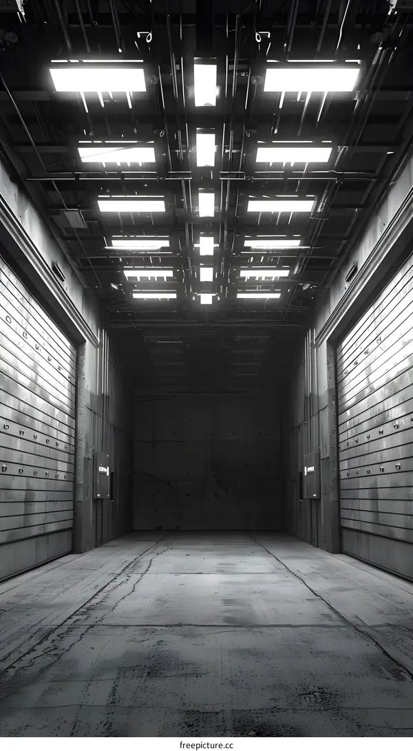 Industrial Concrete Building Interior with Fluorescent Lights