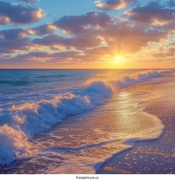 The setting sun casts a golden glow on the beach and the gentle waves crashing on the shore