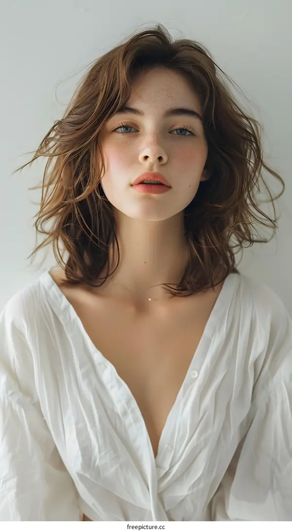 Portrait of Young Woman with Brown Hair and Freckles