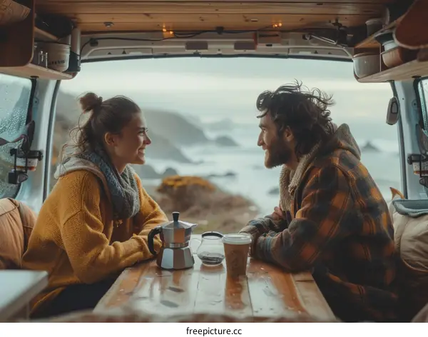 Young couple sitting in a van looking at each other