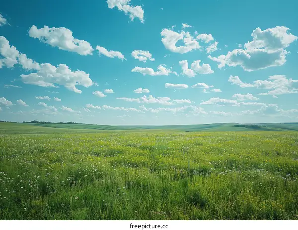 Serene Field Under Azure Sky with Cumulus Clouds