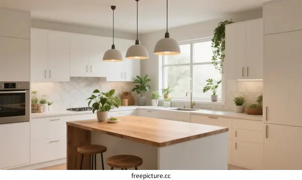 Modern kitchen with wooden island and hanging pendant lights