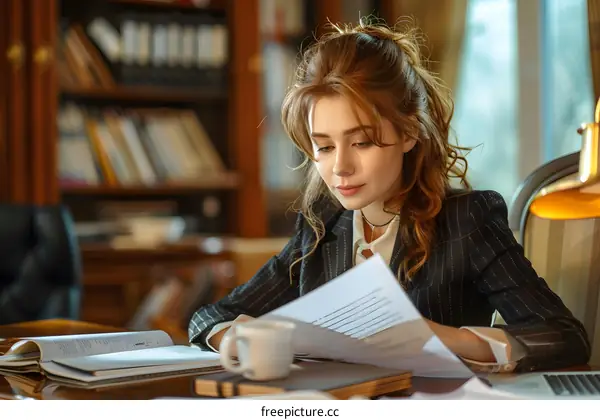 redhead woman in suit reading document in library