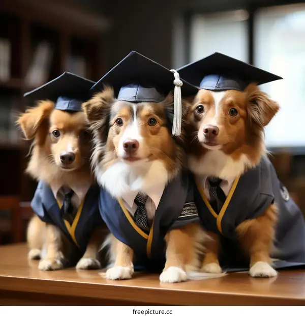 Three Dogs Wearing Graduation Caps and Gowns