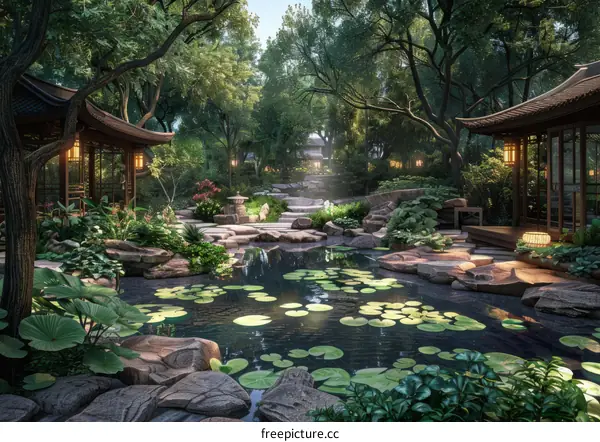 Chinese courtyard with pond and bridges