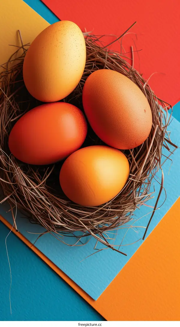 Four eggs in a nest on a colorful background