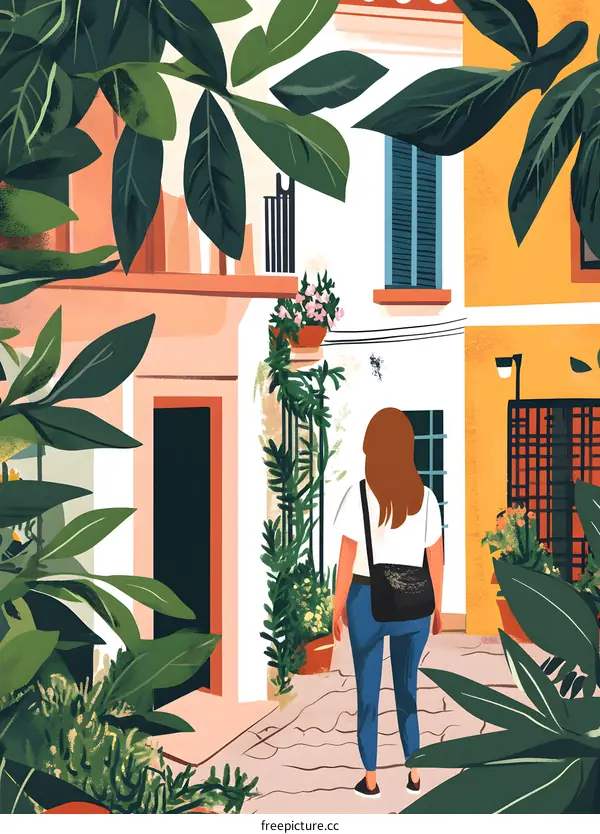 Woman Walking Down A Narrow Street in Colorful City