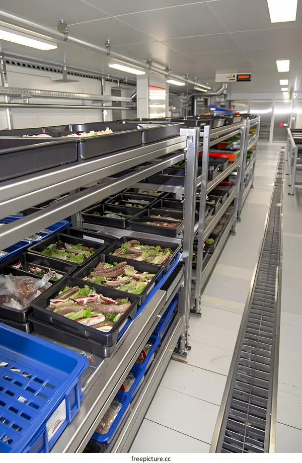 Industrial Kitchen with Metal Shelving and Food Trays