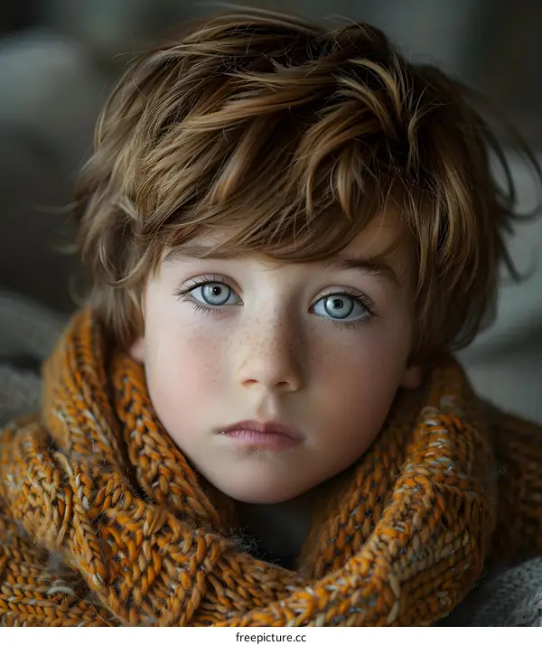 Portrait of a boy with freckles and blue eyes