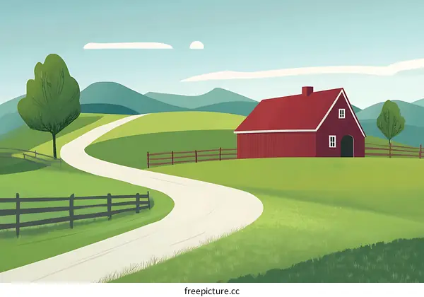 Countryside Barn Landscape with Winding Road