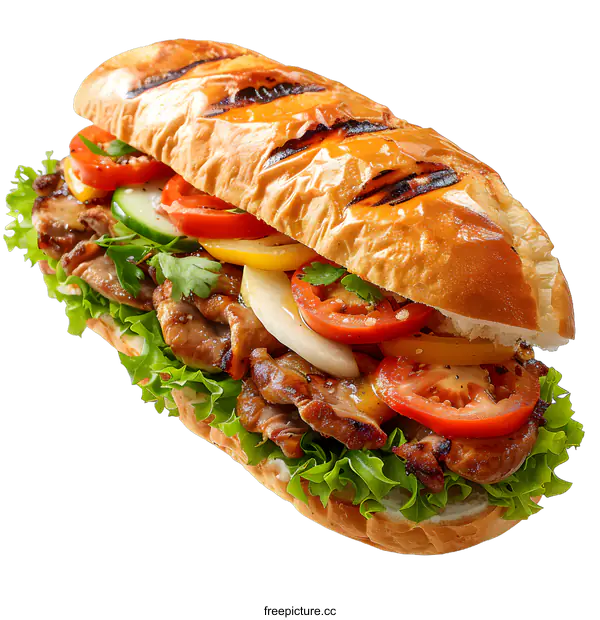 [Transparent Background PNG]A delicious sandwich with grilled chicken, fresh vegetables and herbs.