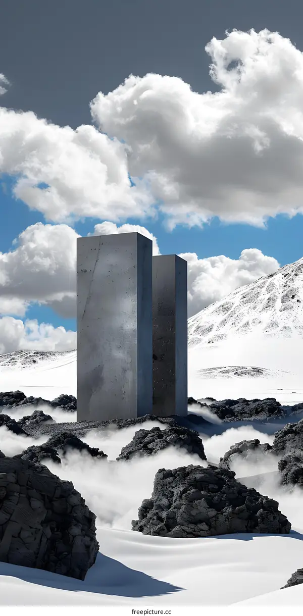 Two Tall Gray Monoliths Standing in a Snowy Landscape