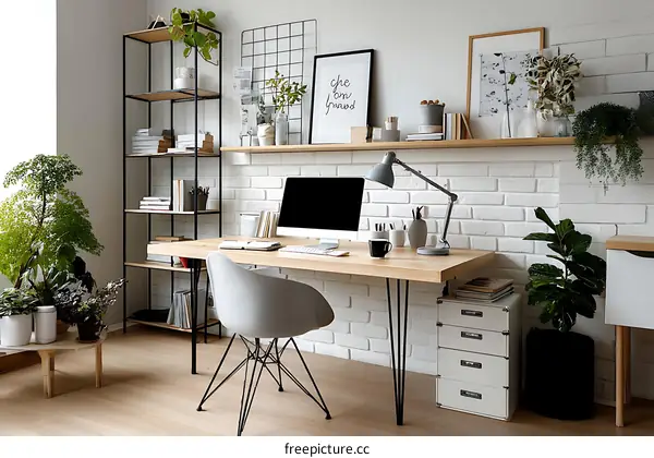 Modern Home Office with Plants and Wooden Furniture