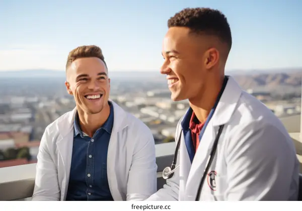 Two male doctors in white coats are talking and smiling on a rooftop