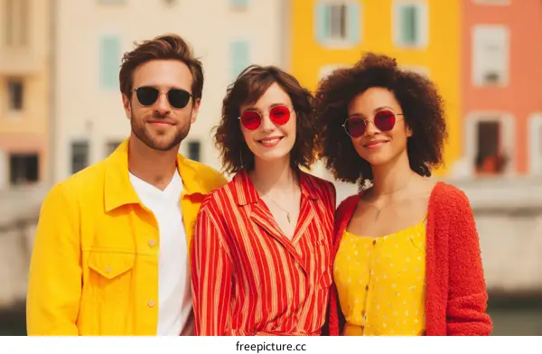 Three Friends Posing Outdoors in Vibrant Colors