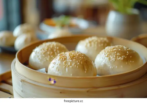 Four steamed buns in a bamboo steamer