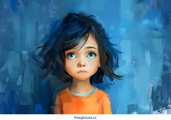 Blue-haired girl looking at the camera with a sad expression