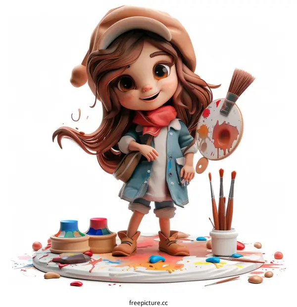 Little Girl Painter with a Paintbrush and a Palette Full of Colors