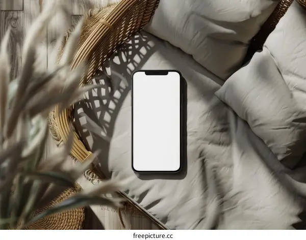 A black phone on a wicker chair with pillows and a plant nearby