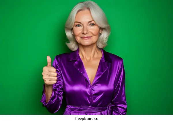 Smiling Senior Woman in a Purple Satin Dress Showing a Thumbs Up