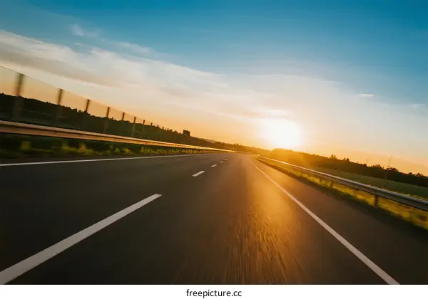 Sunset view of an empty highway with clear sky