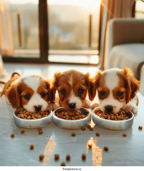 Adorable Puppies Eating Dog Food