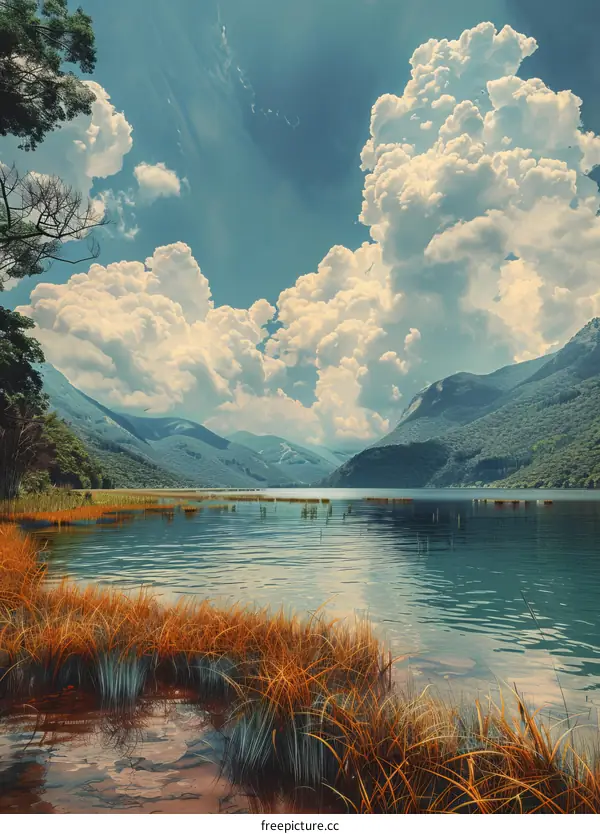 Tranquil Lake and Distant Mountains Under a Blue Sky