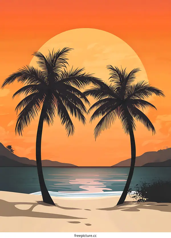 Tropical Sunset Palm Trees on Beach Illustration