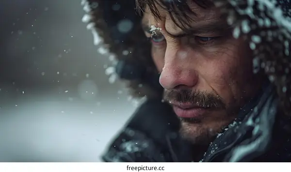 Portrait of a man in a winter coat with snow on his face