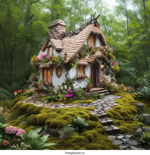 Fantasy Cottage Nestled in a Lush Forest
