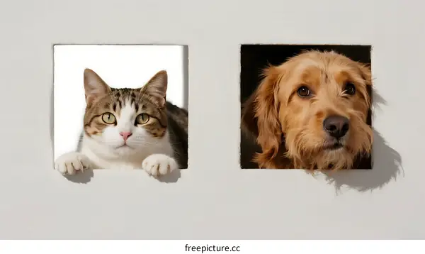 Cute cat and dog peeking through holes in white wall