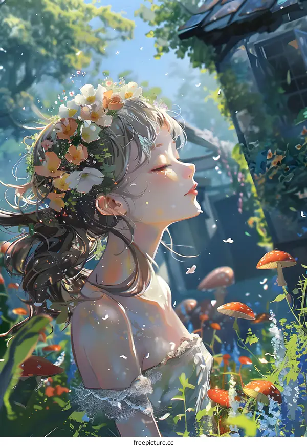 Anime Girl with Flower Crown in Fantasy Garden
