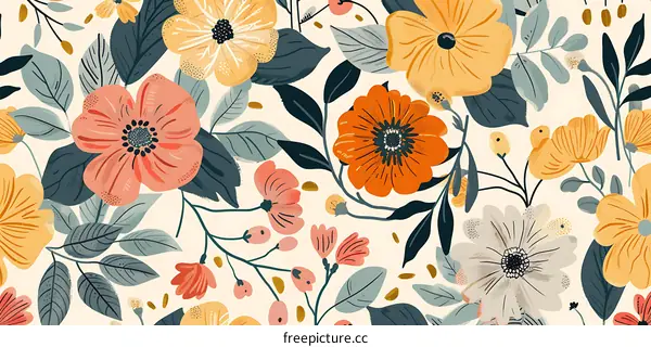 Seamless Floral Pattern With Orange, Yellow and White Flowers