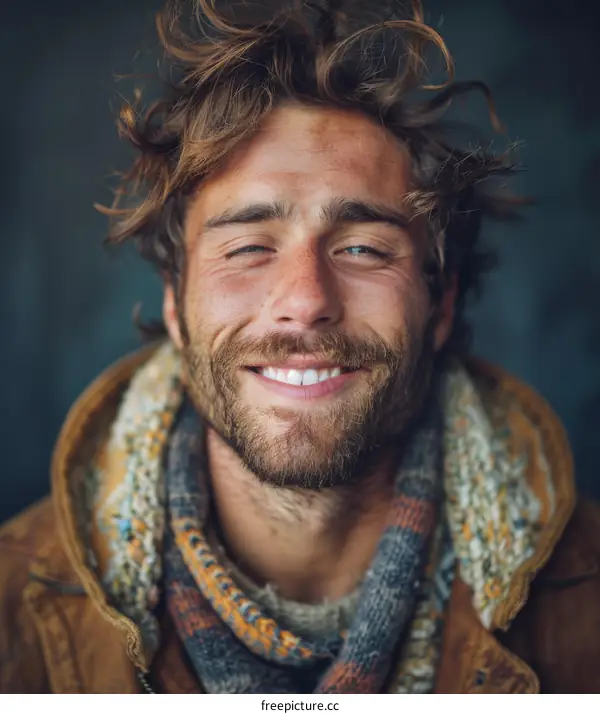 Close-up Portrait of a Smiling Man with a Stylish Beard and Messy Hair
