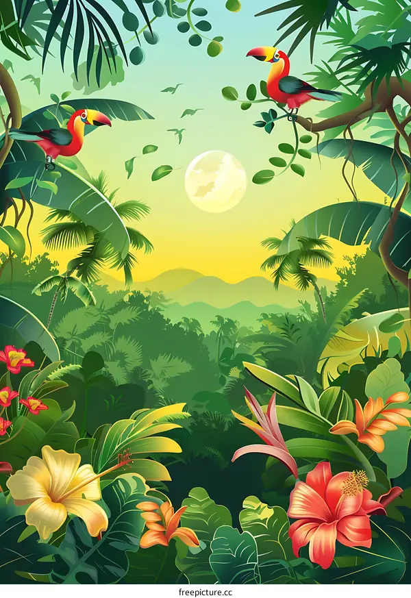 Tropical Rainforest Landscape with Toucans and Palm Trees