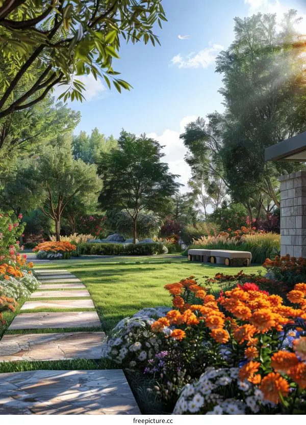 Serene Garden Landscape with Lush Greenery
