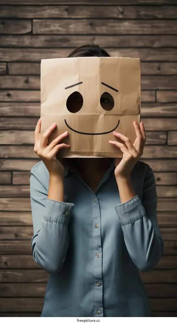 woman hiding her face behind a paper bag with a smiley face drawn on it