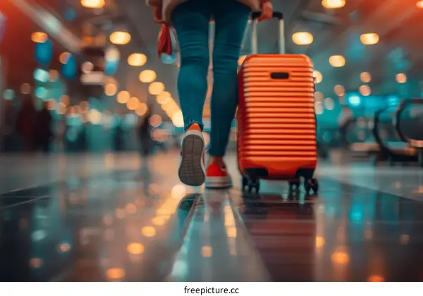 Woman in casual clothes walking through the airport with her luggage