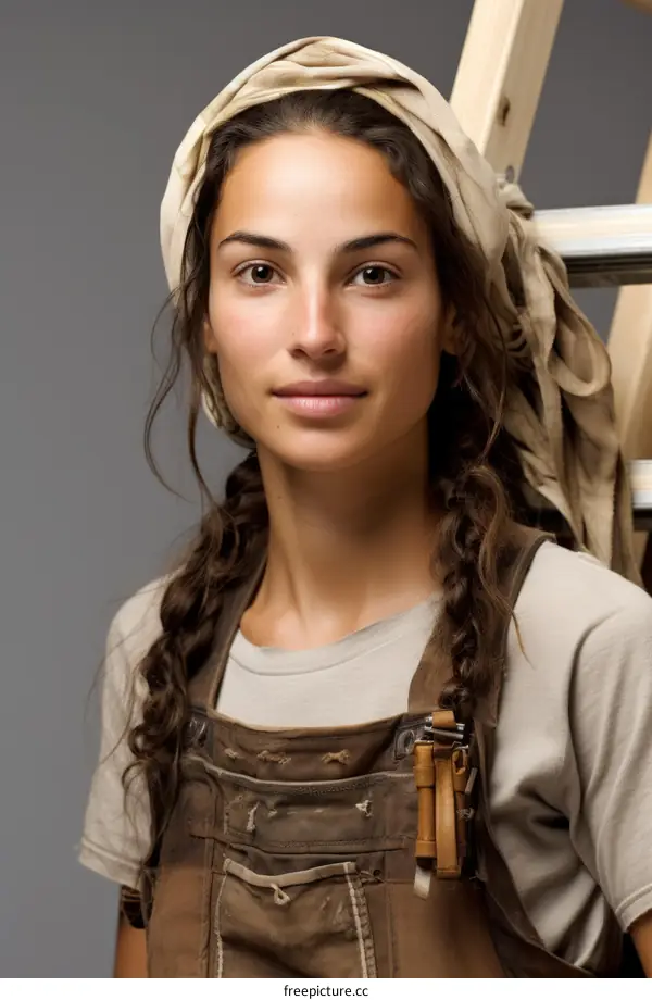 Portrait of a young woman wearing a beige headscarf and brown overalls