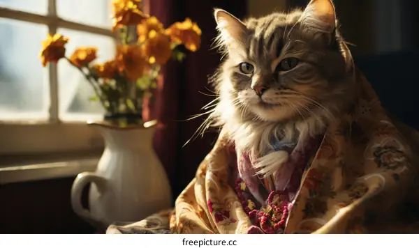 A cat wearing a scarf is sitting in front of a vase of flowers